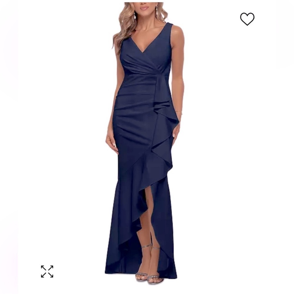 Betsy & Adam Navy Blue Ruffle V-Neck Evening Gown